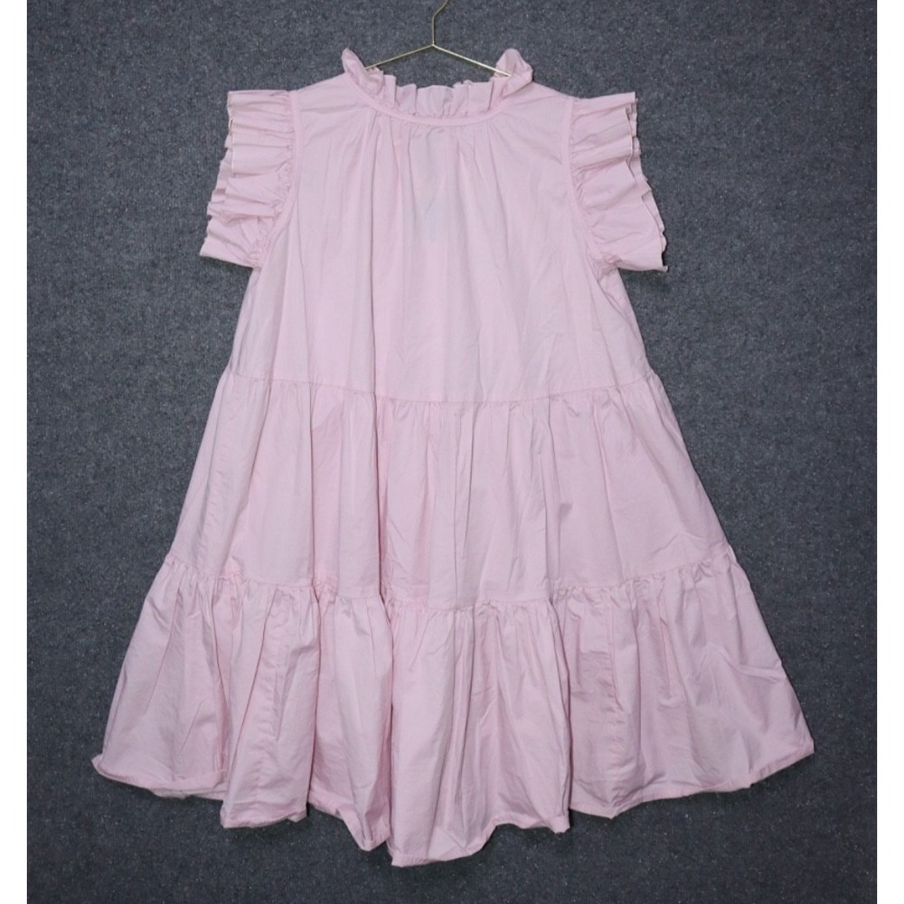 Monica Nera Luna Dress Women Small Pink‎ Poplin Ruffle Mini Mock Neck SS EUC